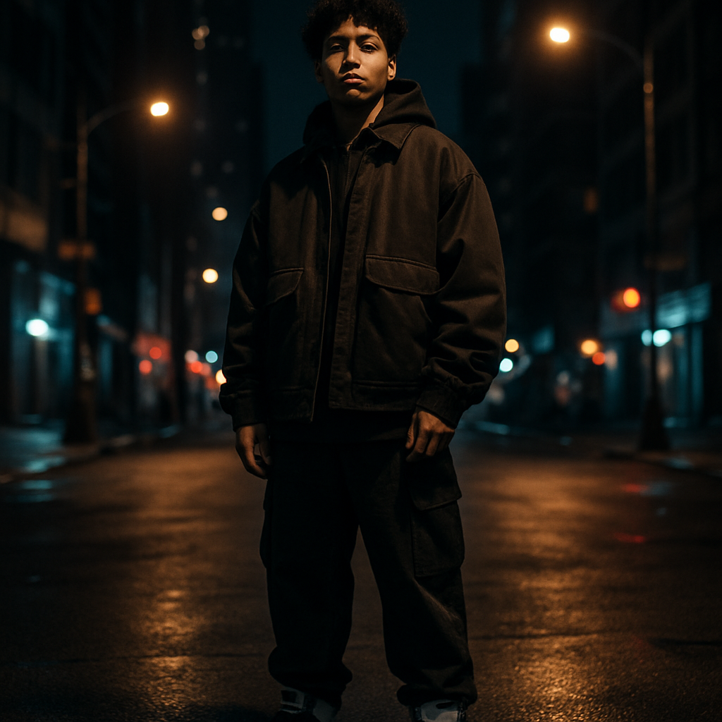 Look streetwear em ambiente urbano noturno, modelo com jaqueta oversized e tênis estilosos