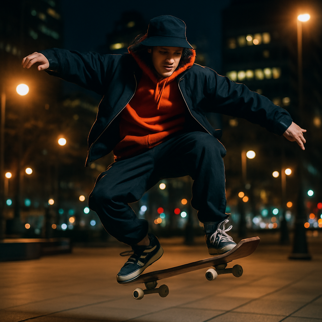 Pessoa de streetwear saltando skate em praça urbana, cenário noturno urbano