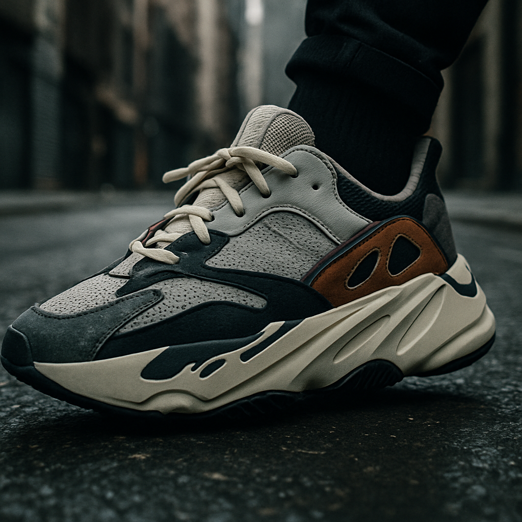 Detalhe de tênis streetwear em movimento sobre asfalto da cidade