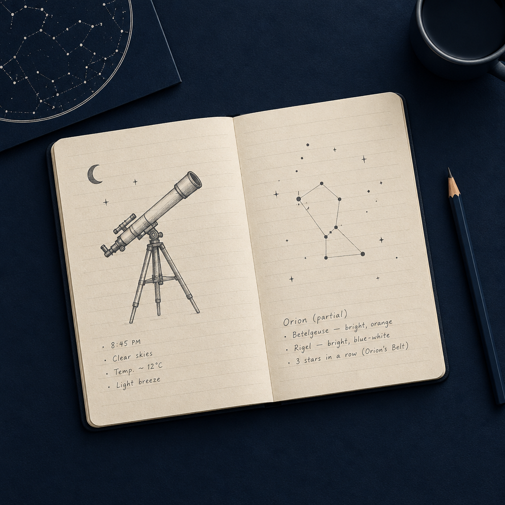 Small hand-drawn sky log notebook page with a telescope sketch, star positions, and short handwritten annotations