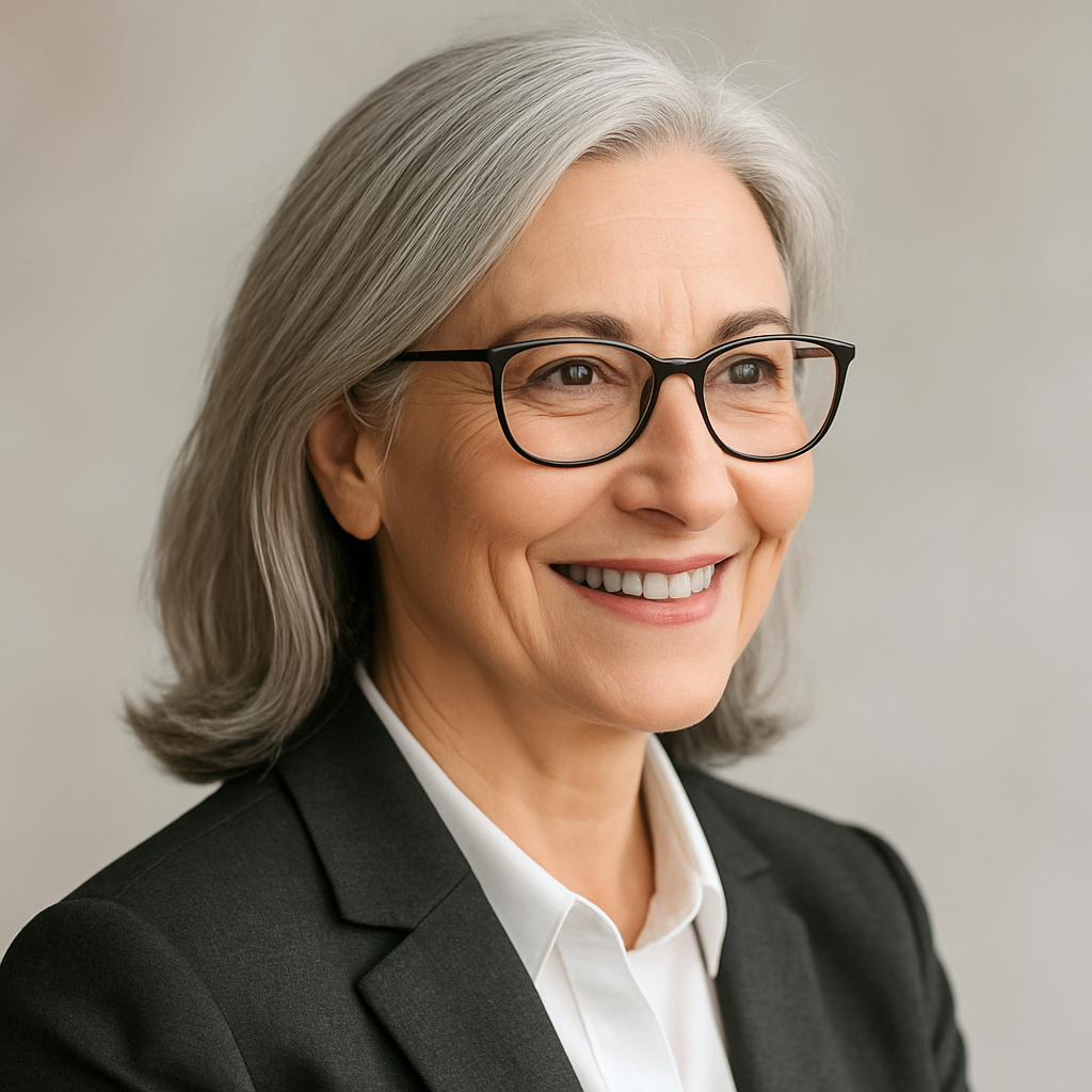 Mulher madura, cabelos grisalhos, óculos, sorriso simpático, foto de perfil