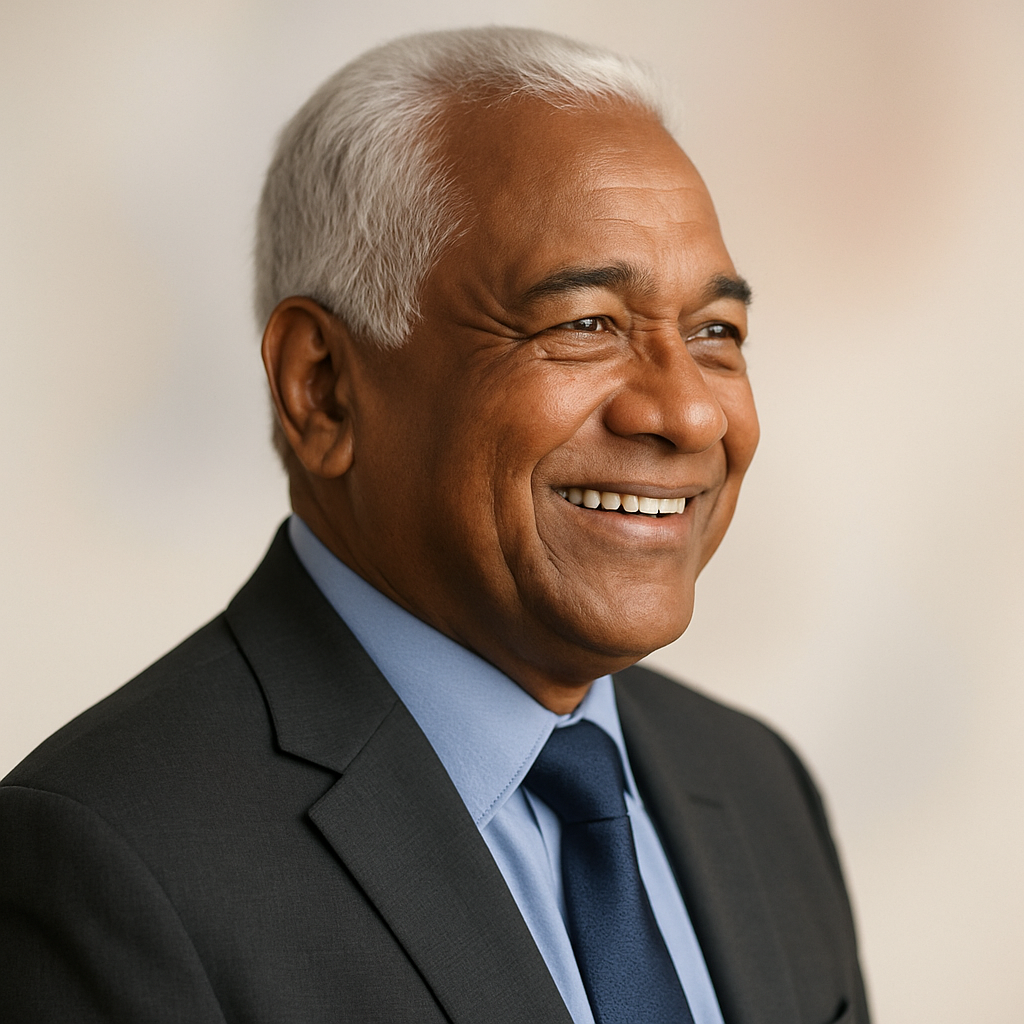 Homem idoso, pele morena, cabelo branco, sorriso, foto de perfil