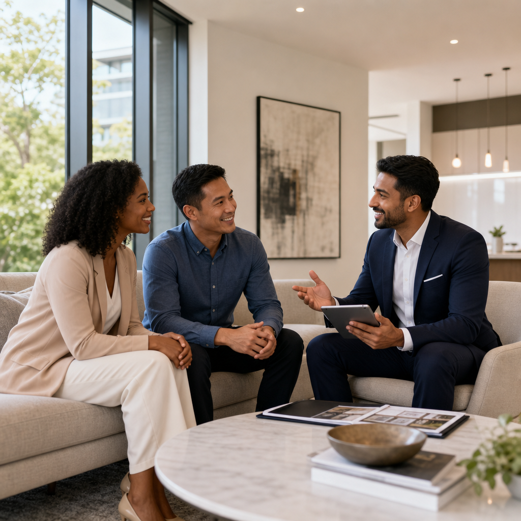 Professional real estate advisor reviewing listing strategy with clients in a bright, elegant residential living space