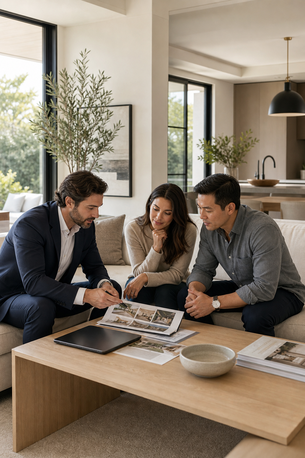 Polished residential living room where a real estate advisor reviews listing details with a couple