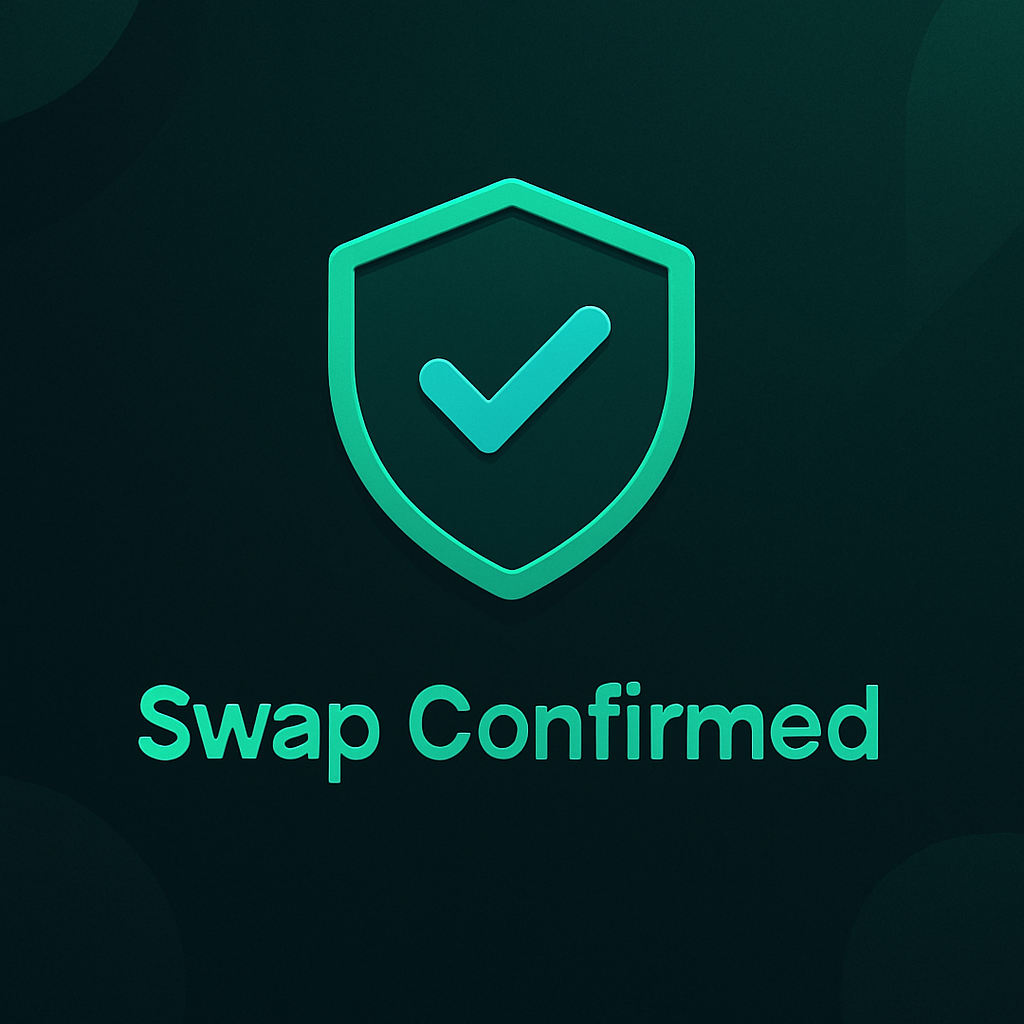 Emerald-colored swap confirmation with shield and tick, dark background