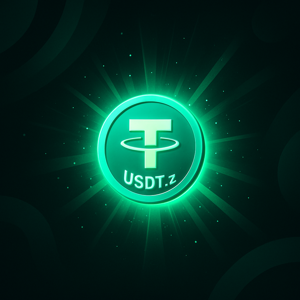 Glowing USDT.z token icon bursting with emerald light, dark background
