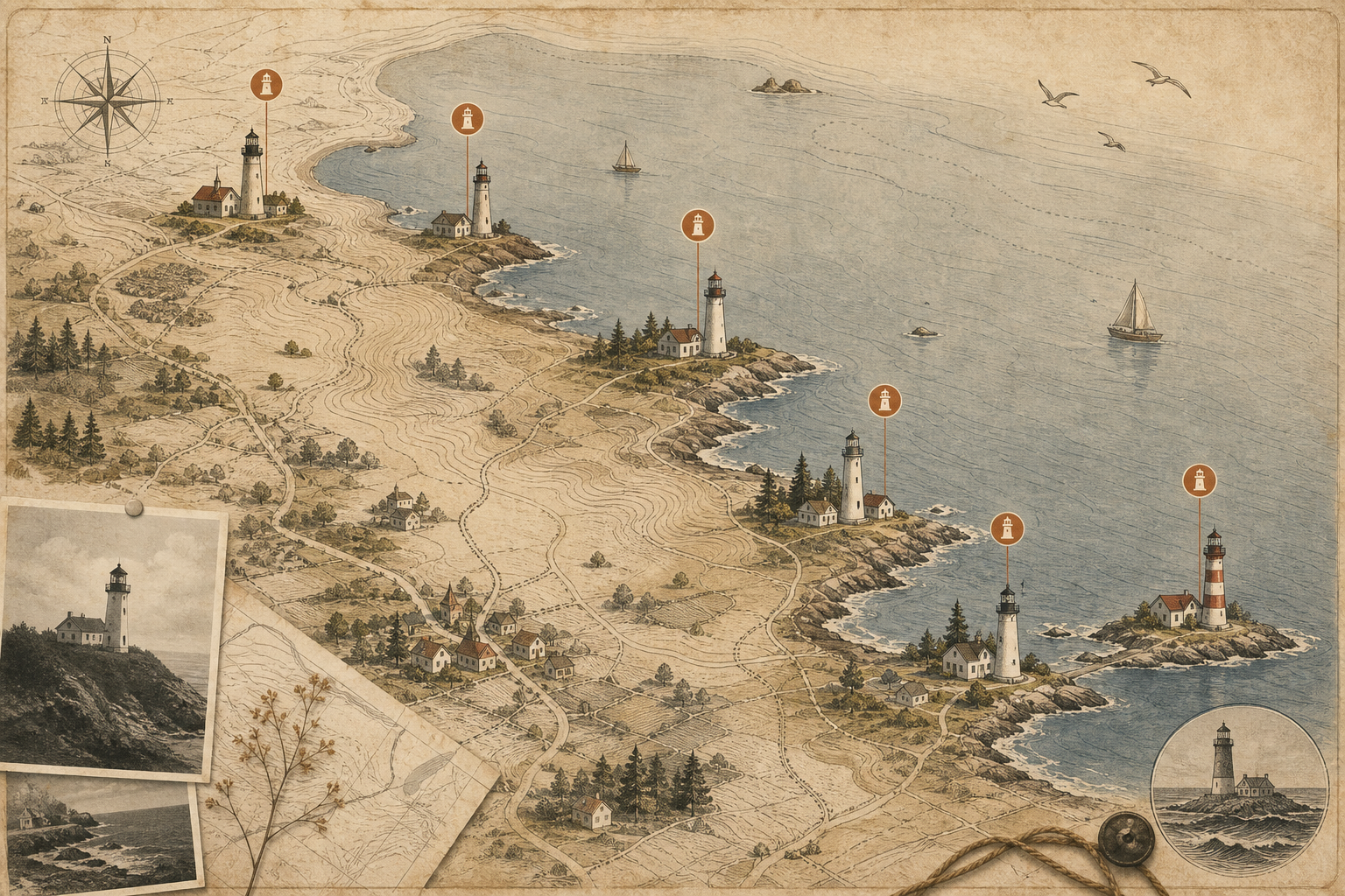 Illustrated heritage map of the northern coastline with preserved lighthouse markers, muted paper texture, and subtle contour-style linework