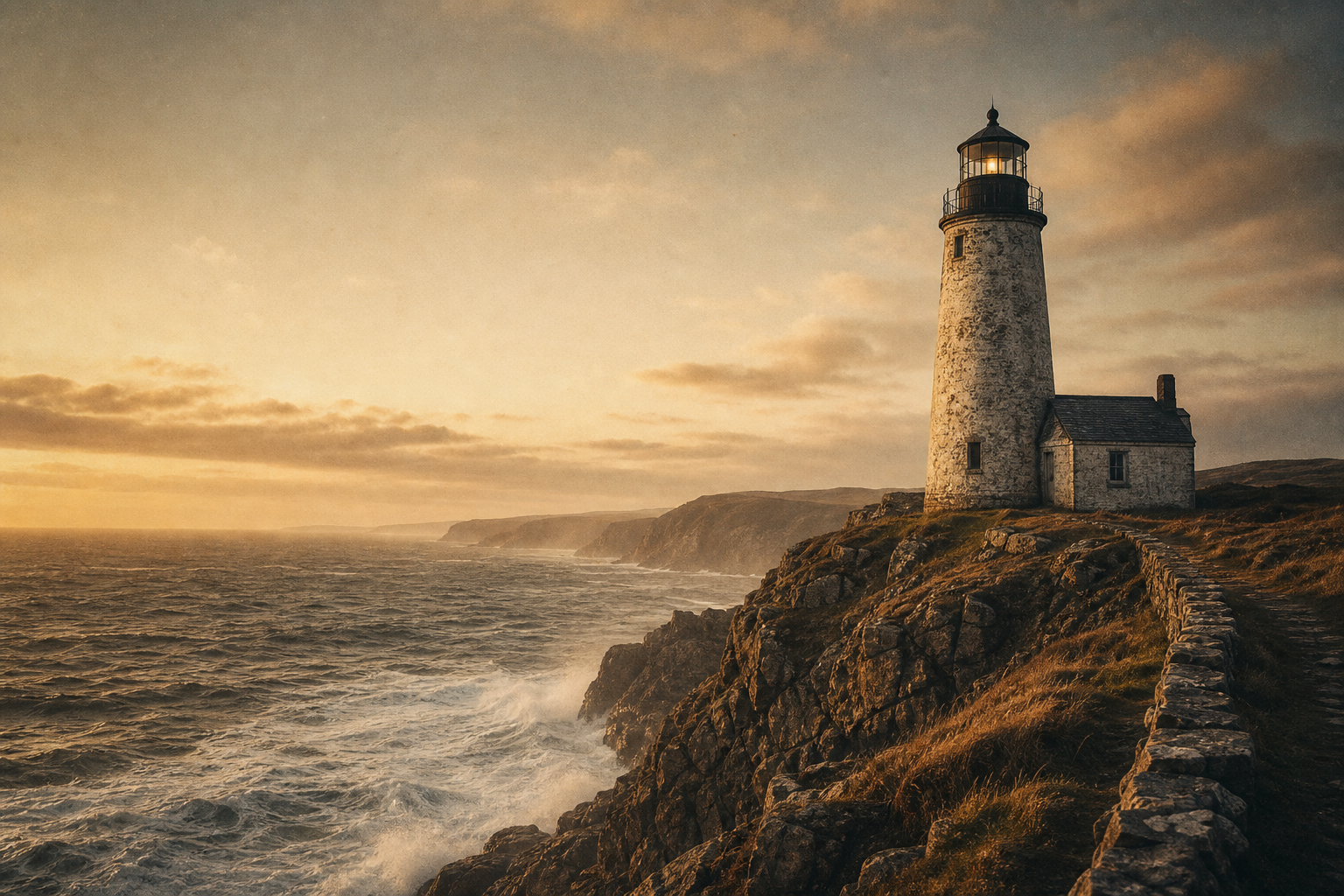Weathered stone lighthouse on a rugged northern cliff at dusk, viewed in warm archival film style with soft grain, sea mist, and muted golden sky