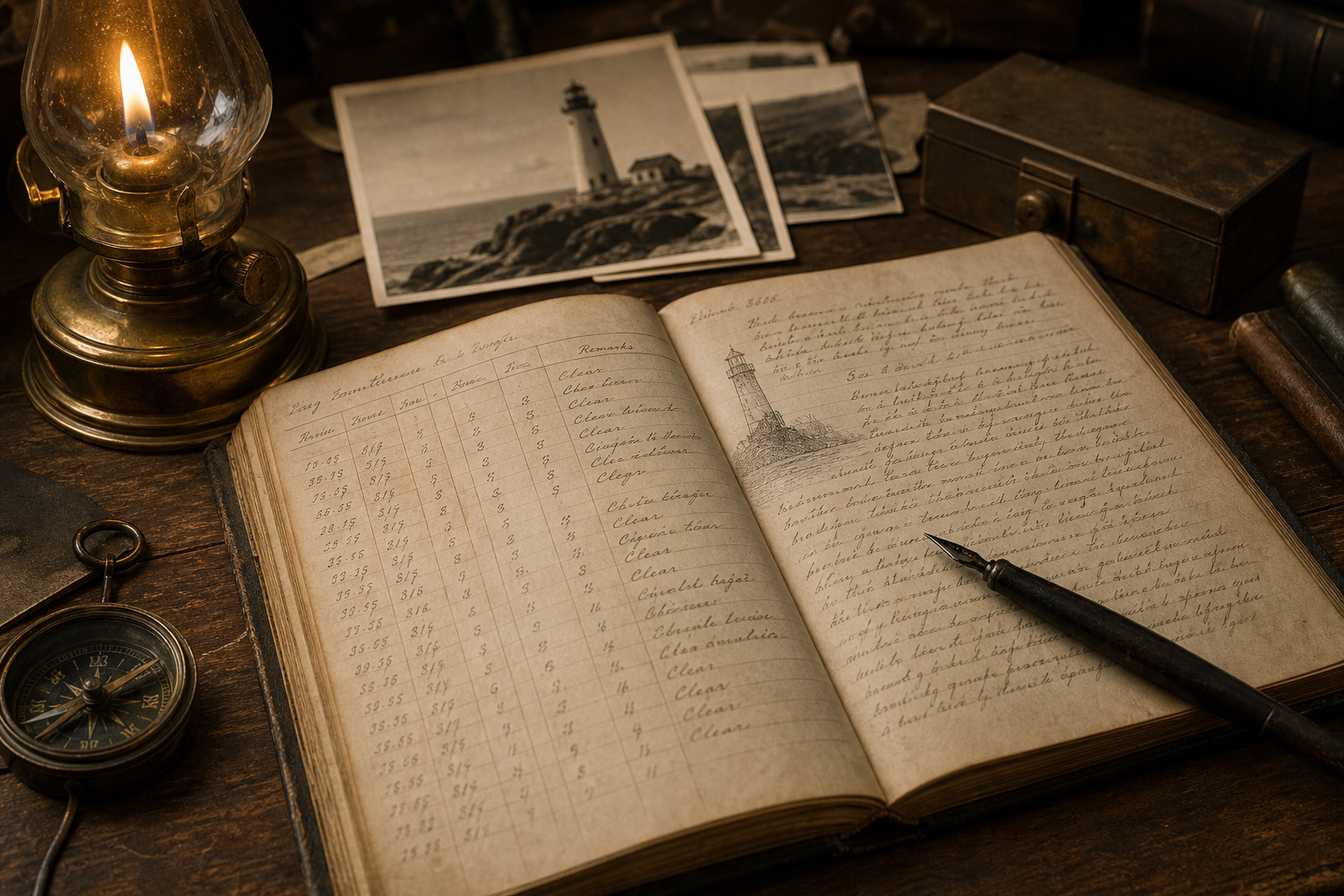 Keeper's logbook and oil lamp arranged on a weathered wooden desk