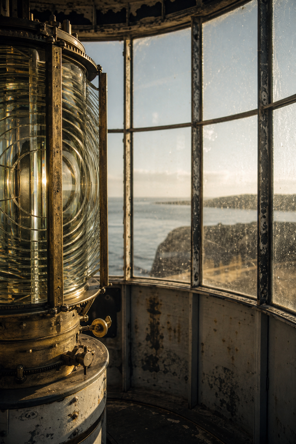 Lantern room interior with weathered glass panes, brass fittings, and salt-worn framing