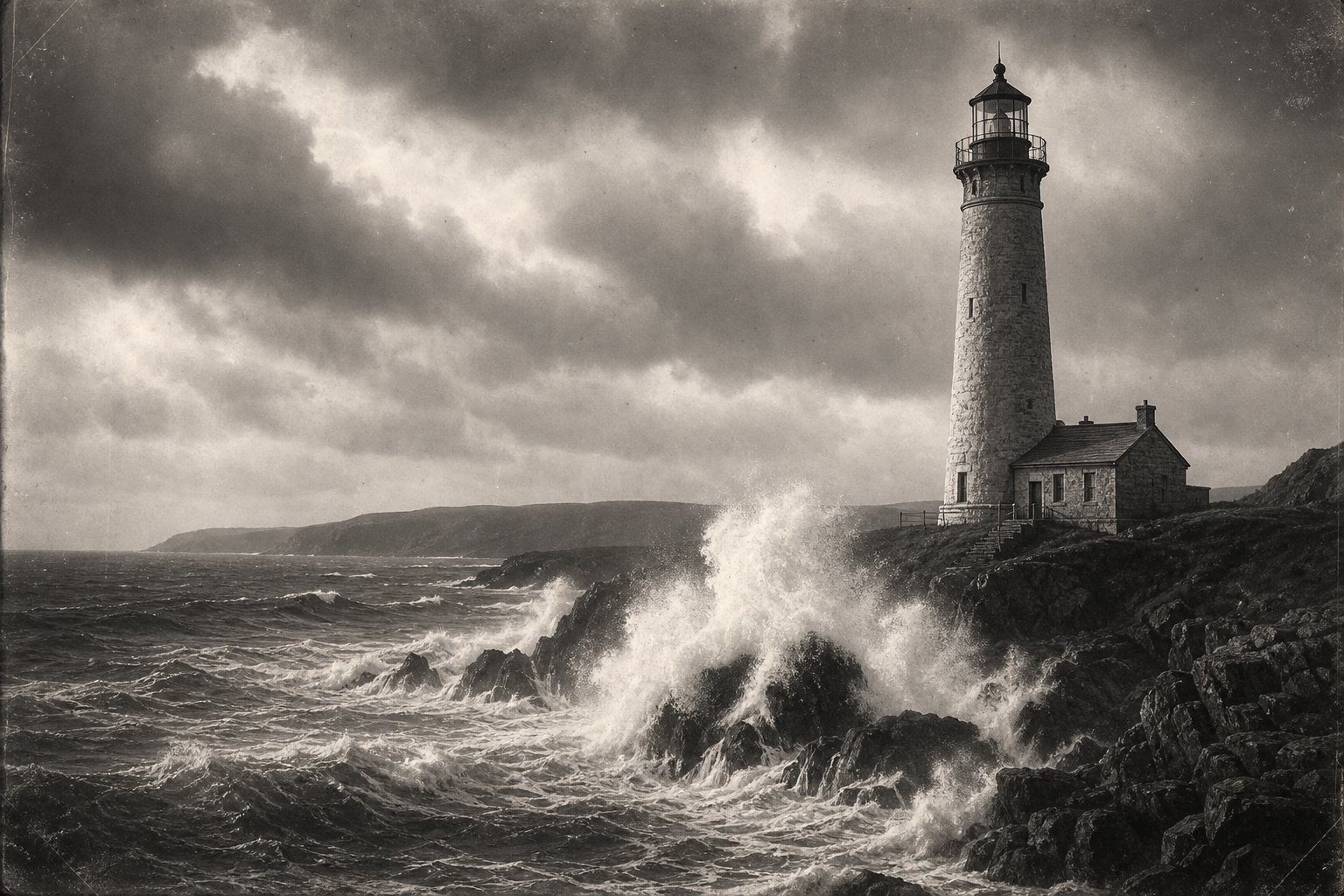 Black-and-white shoreline lighthouse tower with crashing surf at the base