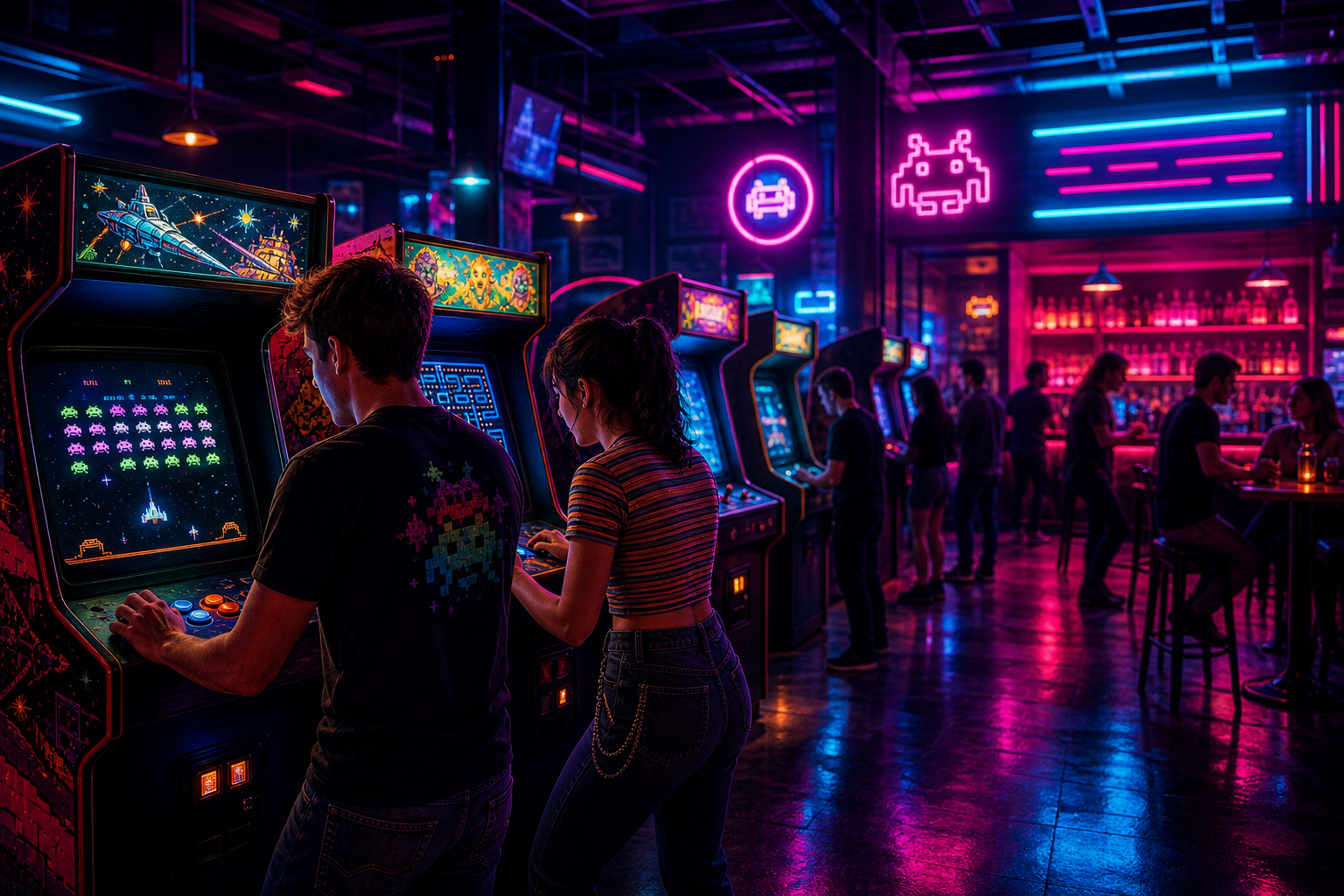 Retro arcade cabinets glowing with cyan and magenta lights while friends play side by side