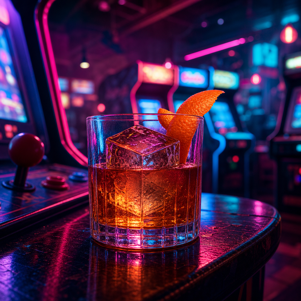 Close-up of a neon-lit craft cocktail with citrus garnish on an arcade bar counter