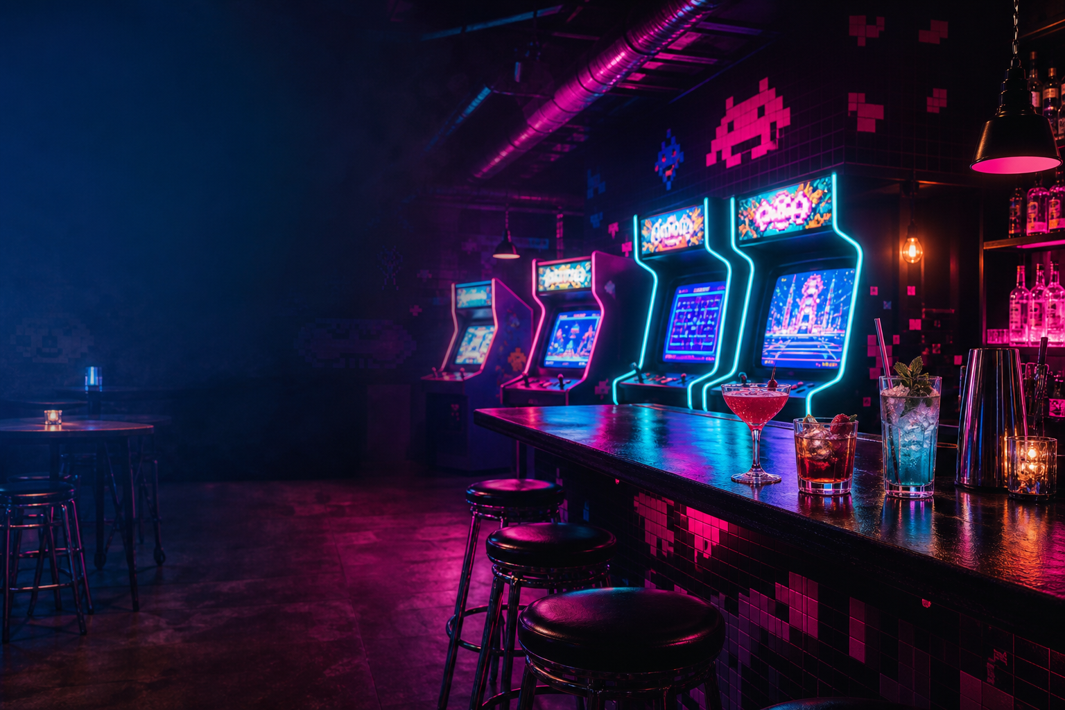 Dramatic neon arcade bar interior with glowing game cabinets, cocktail silhouettes at the counter, and subtle atmospheric haze