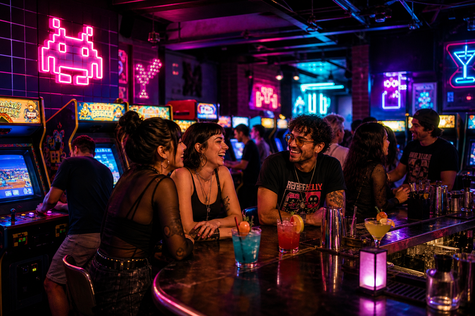 A lively retro arcade bar scene with glowing cabinets, guests laughing over craft cocktails, and neon magenta-cyan lighting