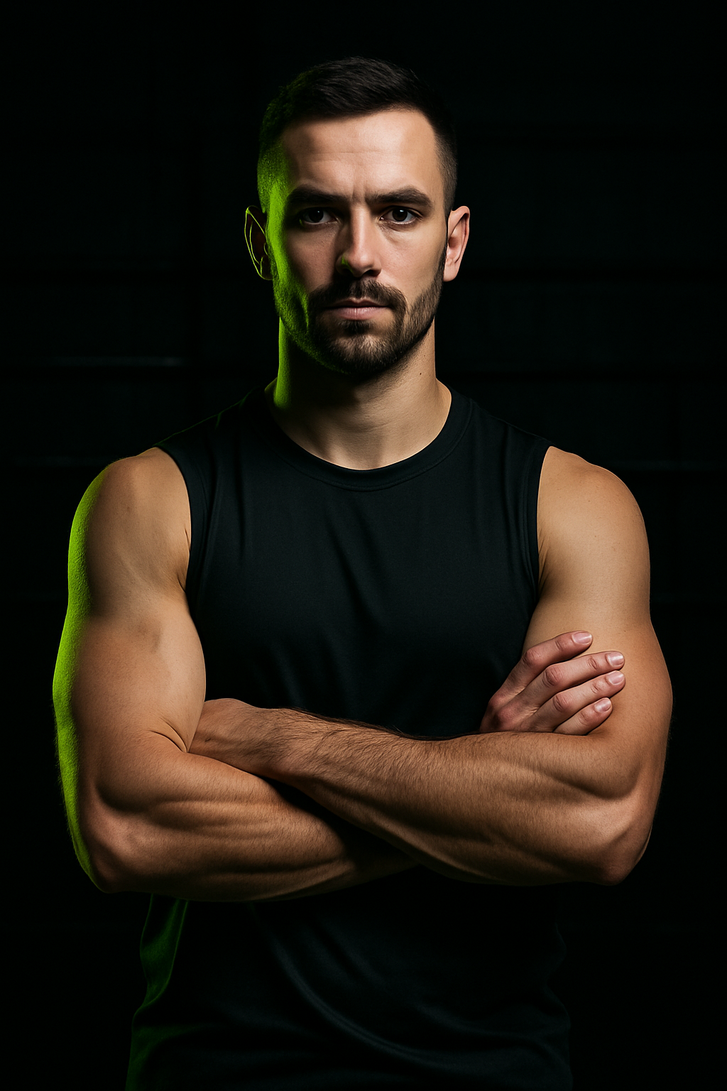 Coach Maksym Hrytsenko in a black training top, arms crossed, lit by a neon lime rim light in a dark gym