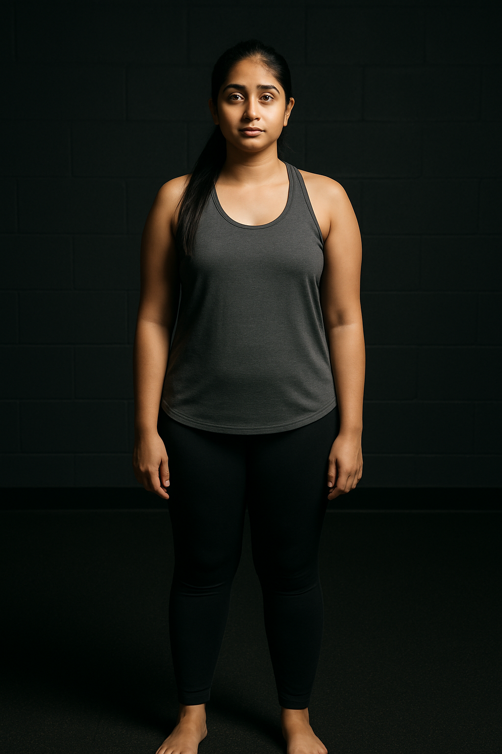 Priya before the program, week 0, standing in the gym