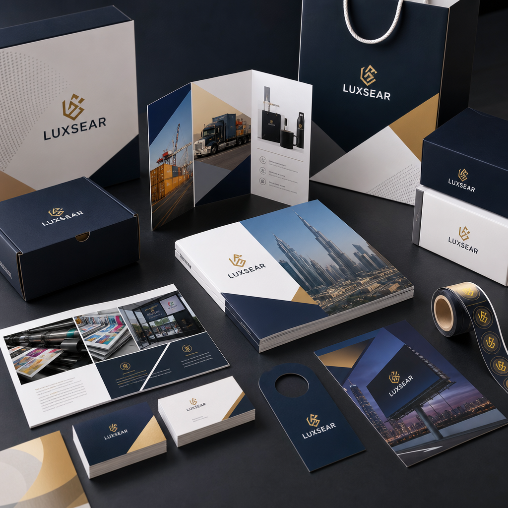 Assortment of printed advertising materials including brochures, packaging, and branded gift boxes