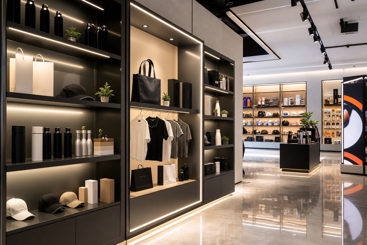 Premium retail display with branded shelves, lighting, and product arrangement