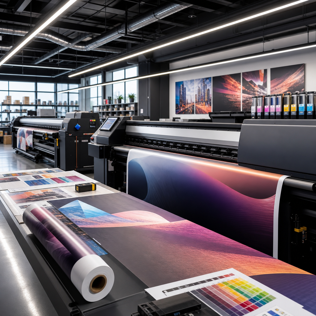 High-end printing production line with large-format printers and technicians monitoring output