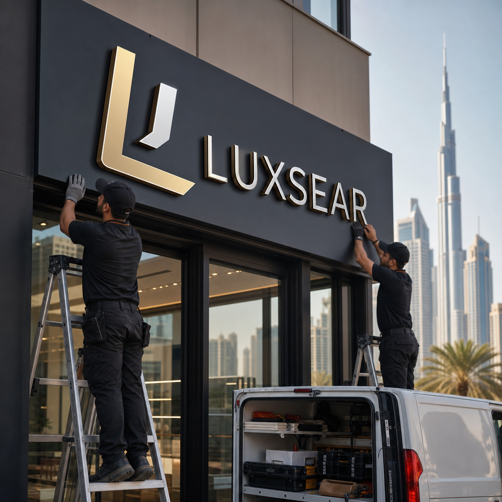 Technicians installing illuminated signage on a modern commercial storefront at dusk