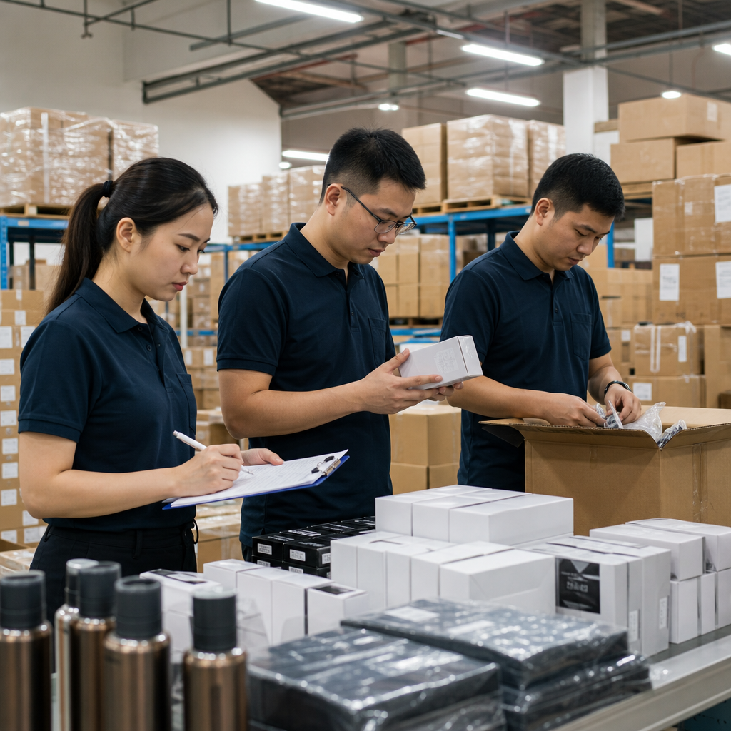 Warehouse team inspecting boxed products on a clean sourcing floor with barcode scanners