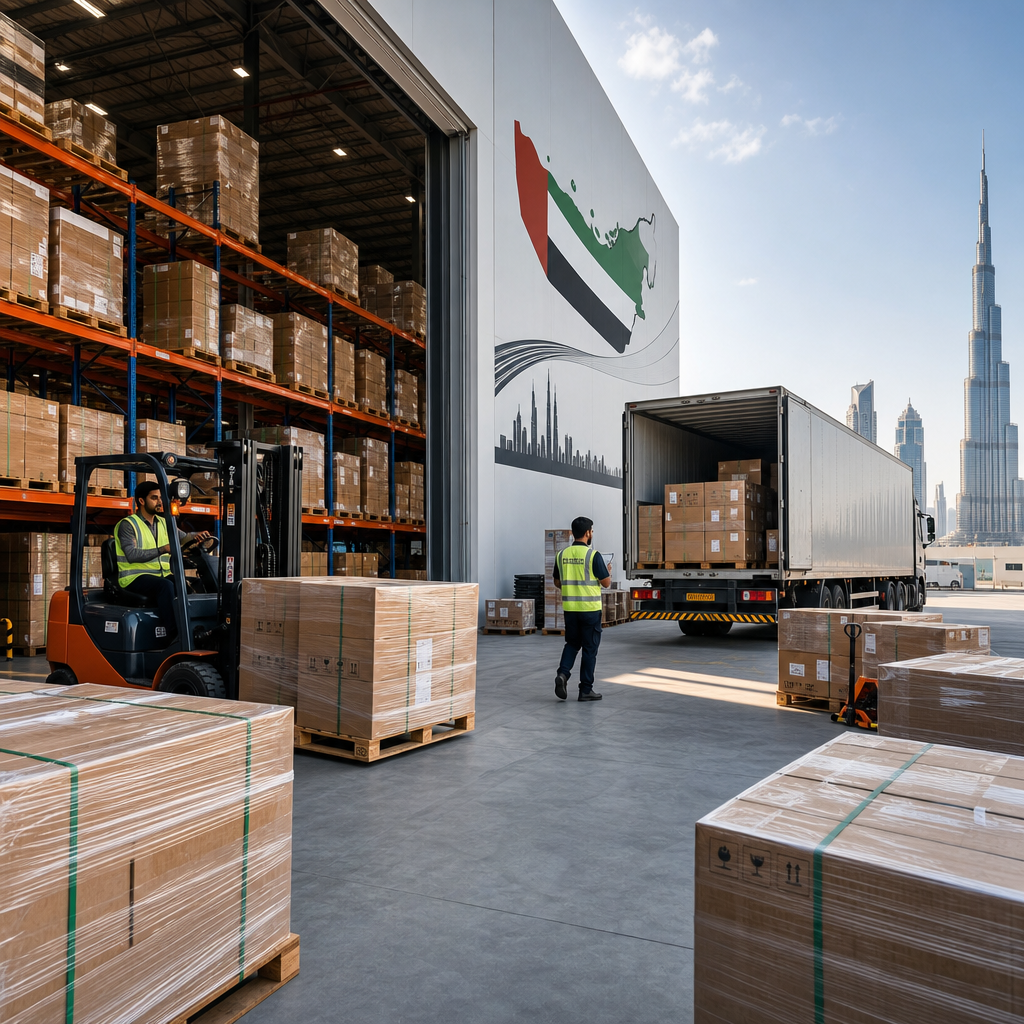 UAE logistics warehouse staging area with pallets, wrapped goods, and staff coordinating shipments