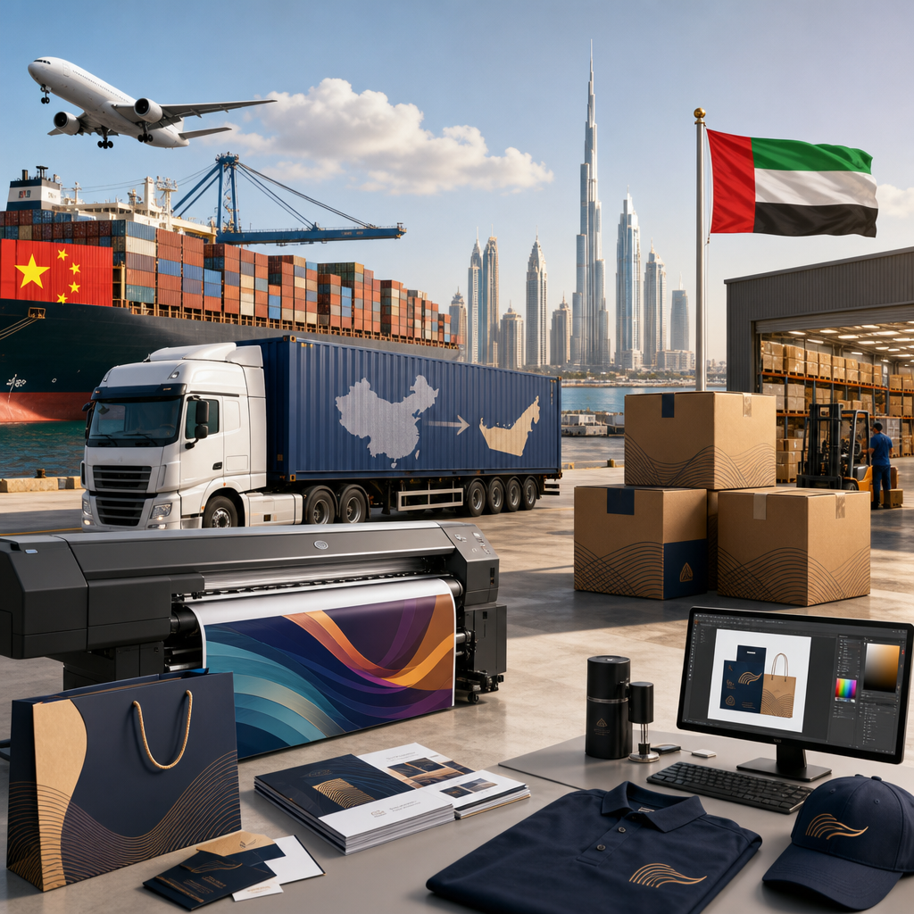Modern logistics and print production workspace with shipping containers, branded packaging samples, and large-format printing equipment in a clean corporate environment