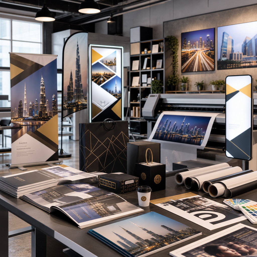 Modern print production workspace with signage samples, branded packaging, and large-format display materials