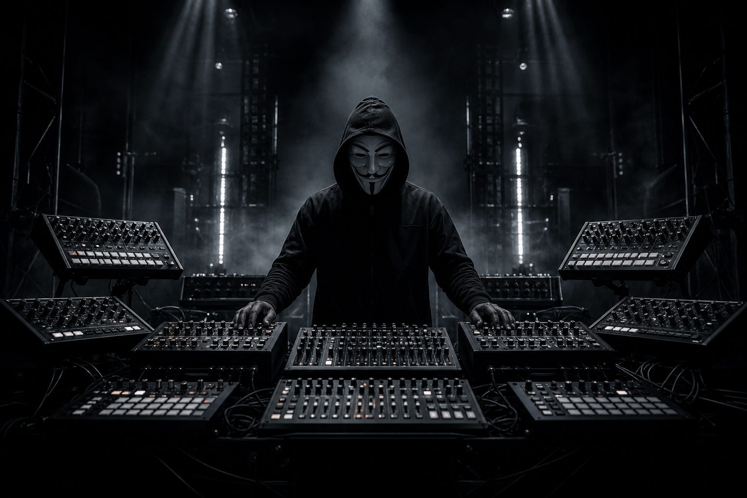 Primary hero placeholder image of a man in a dark hoodie wearing a Guy Fawkes mask behind a symmetrical live hardware techno setup in a dark industrial atmosphere