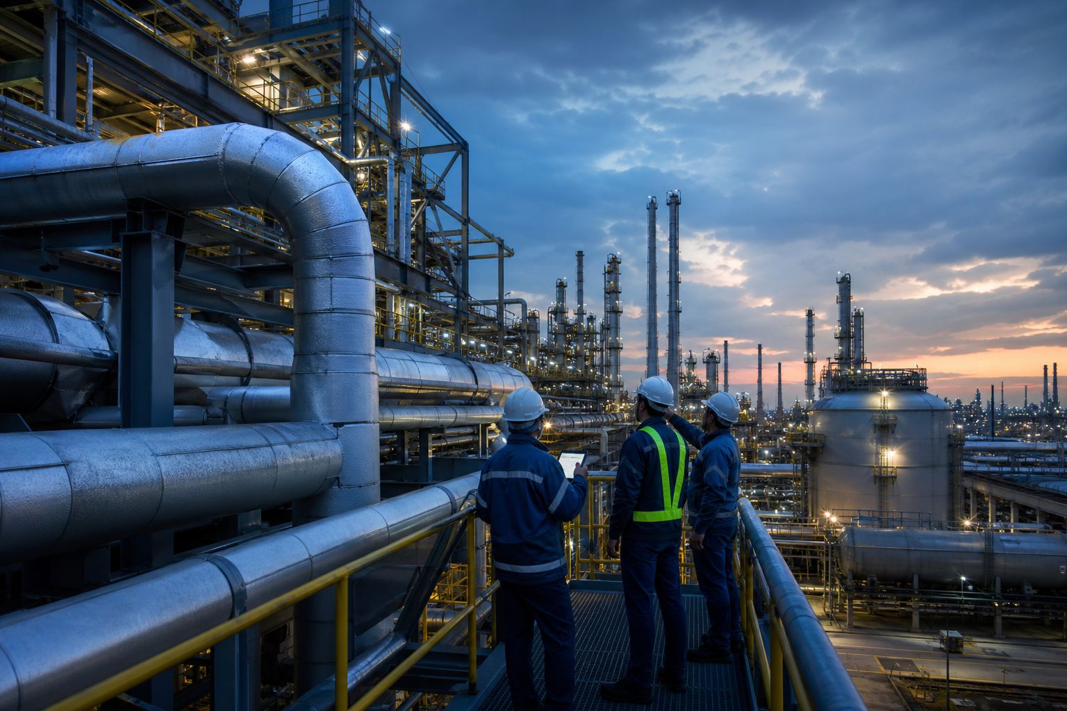 Industrial refinery infrastructure with insulated pipelines, steel structures, and onsite execution crew in safety gear