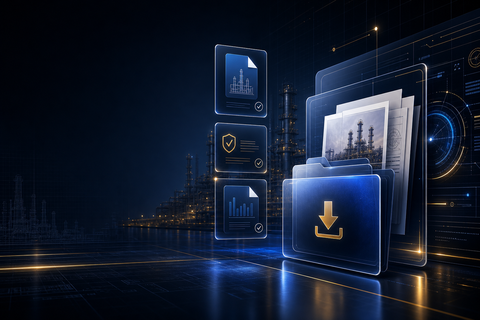 Abstract premium industrial document dashboard with layered glass interfaces, blueprint-like grids, and file-management panels in a dark enterprise style