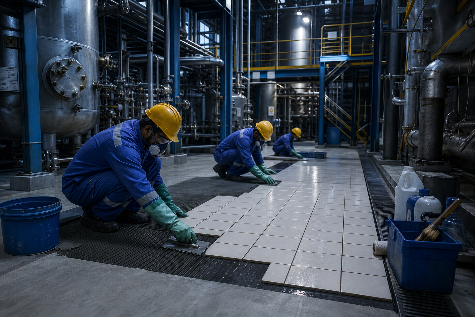Acid proofing team applying chemical-resistant tiles and joints in a process floor zone