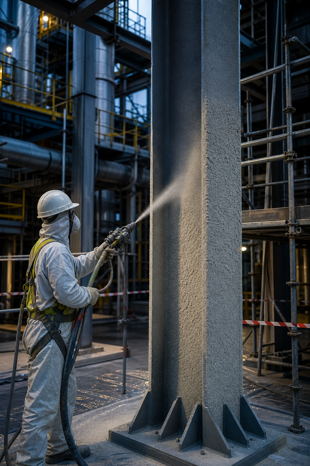 Applicators spray fireproofing compound over structural steel members in a plant unit