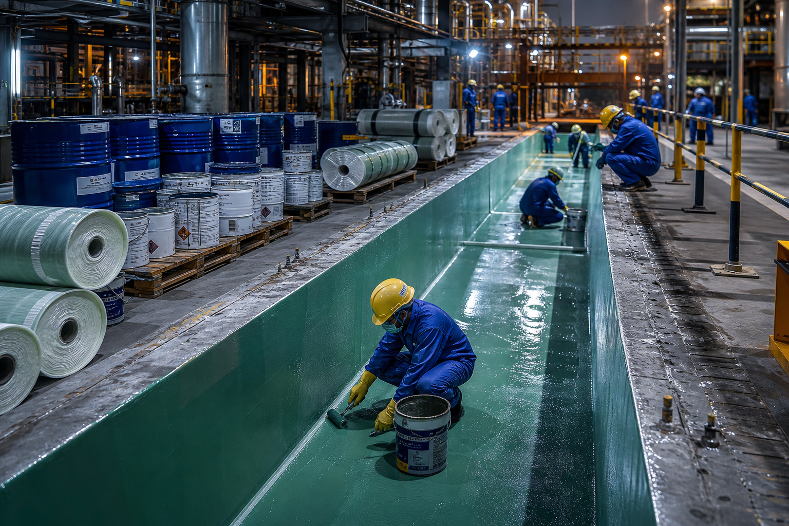 FRP and epoxy protection work along process line trenches with organized material staging