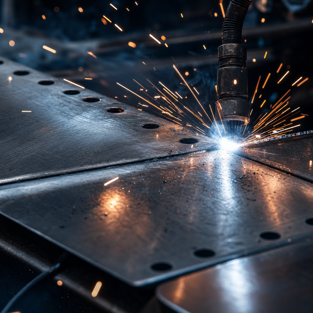 Close-up metallic plant texture with active weld sparks and heat glow