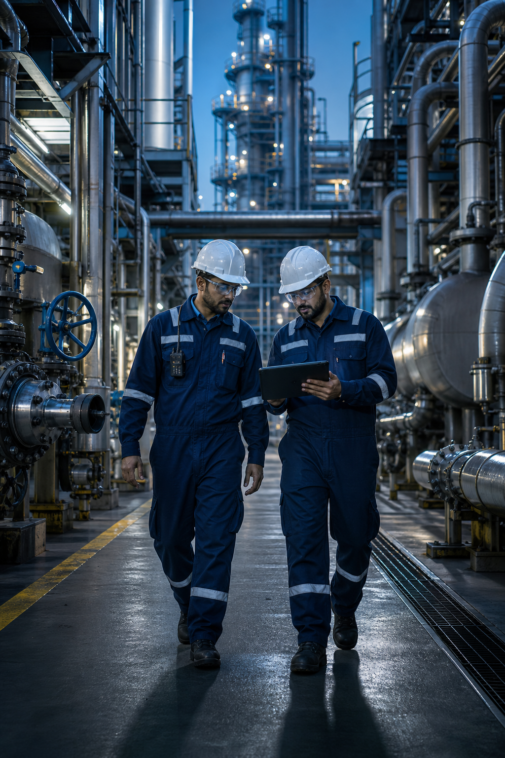 Two PPE-equipped site engineers reviewing shutdown scope beside process units