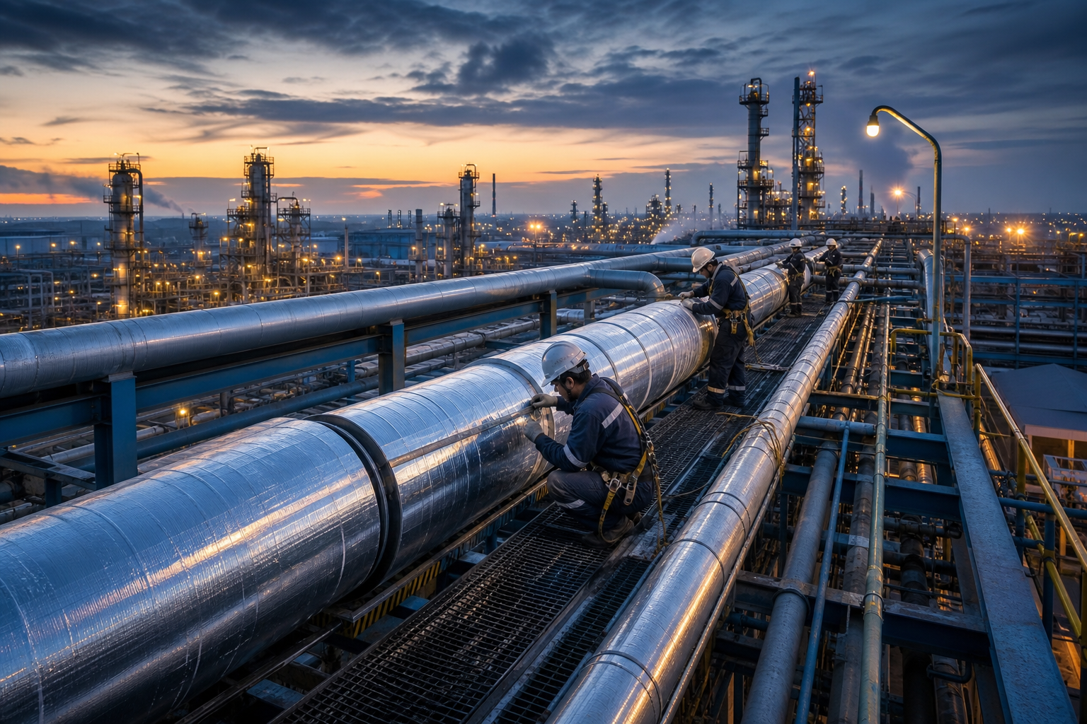Insulation technicians installing thermal cladding on elevated refinery pipe racks at dusk