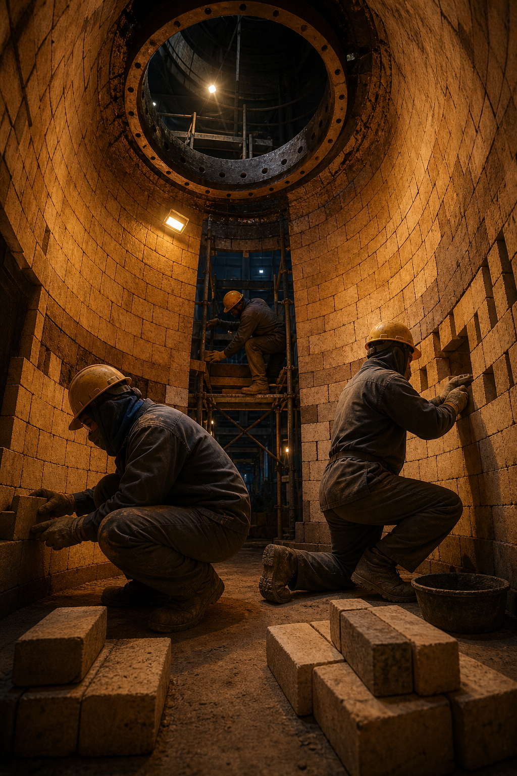Refractory masons lining an industrial furnace chamber with precision brick placement