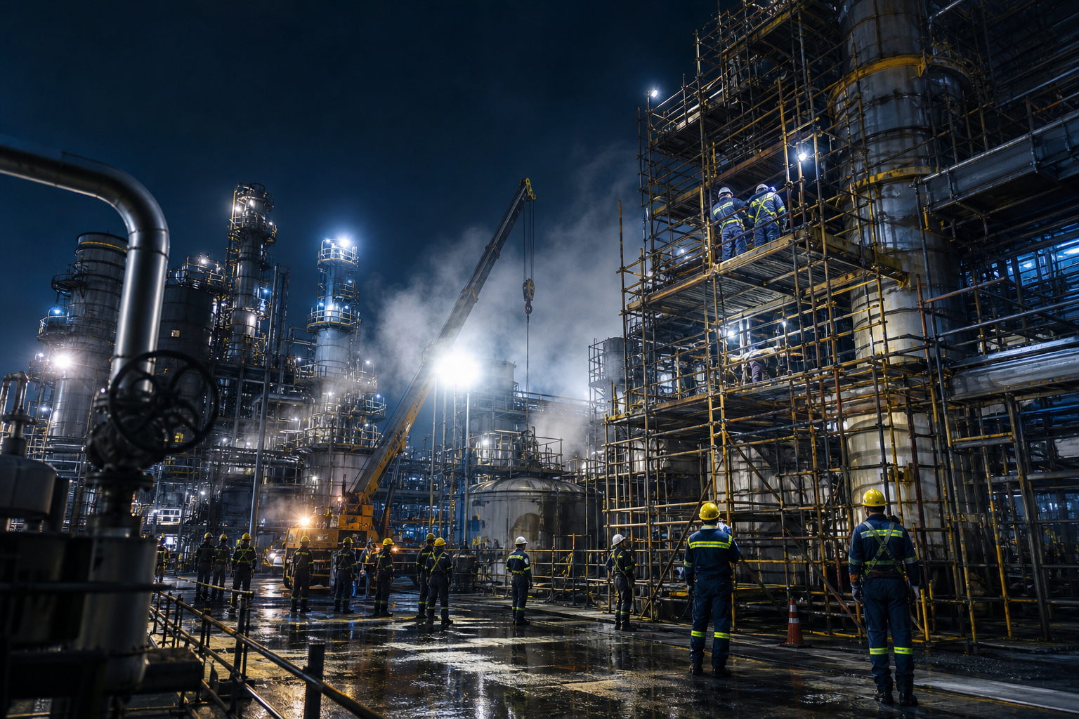 Night-shift shutdown scaffold and crew activity under industrial floodlights and steam plumes