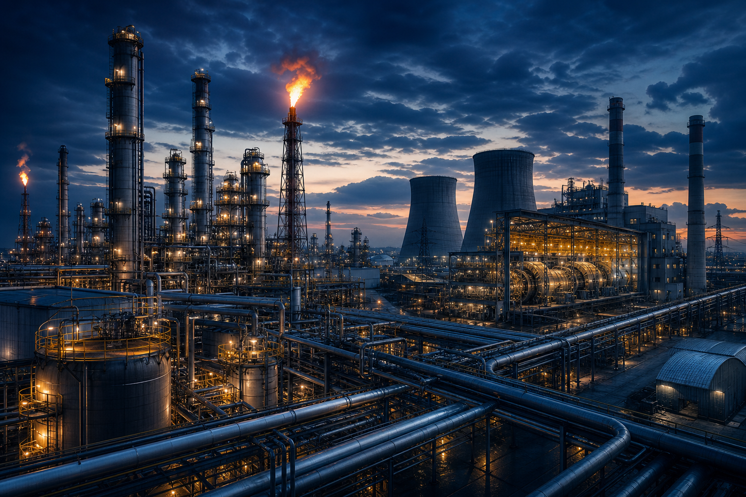 Cinematic multi-environment industrial panorama with refinery distillation columns, power plant turbines, chemical processing units, and heavy manufacturing lines in one cohesive scene