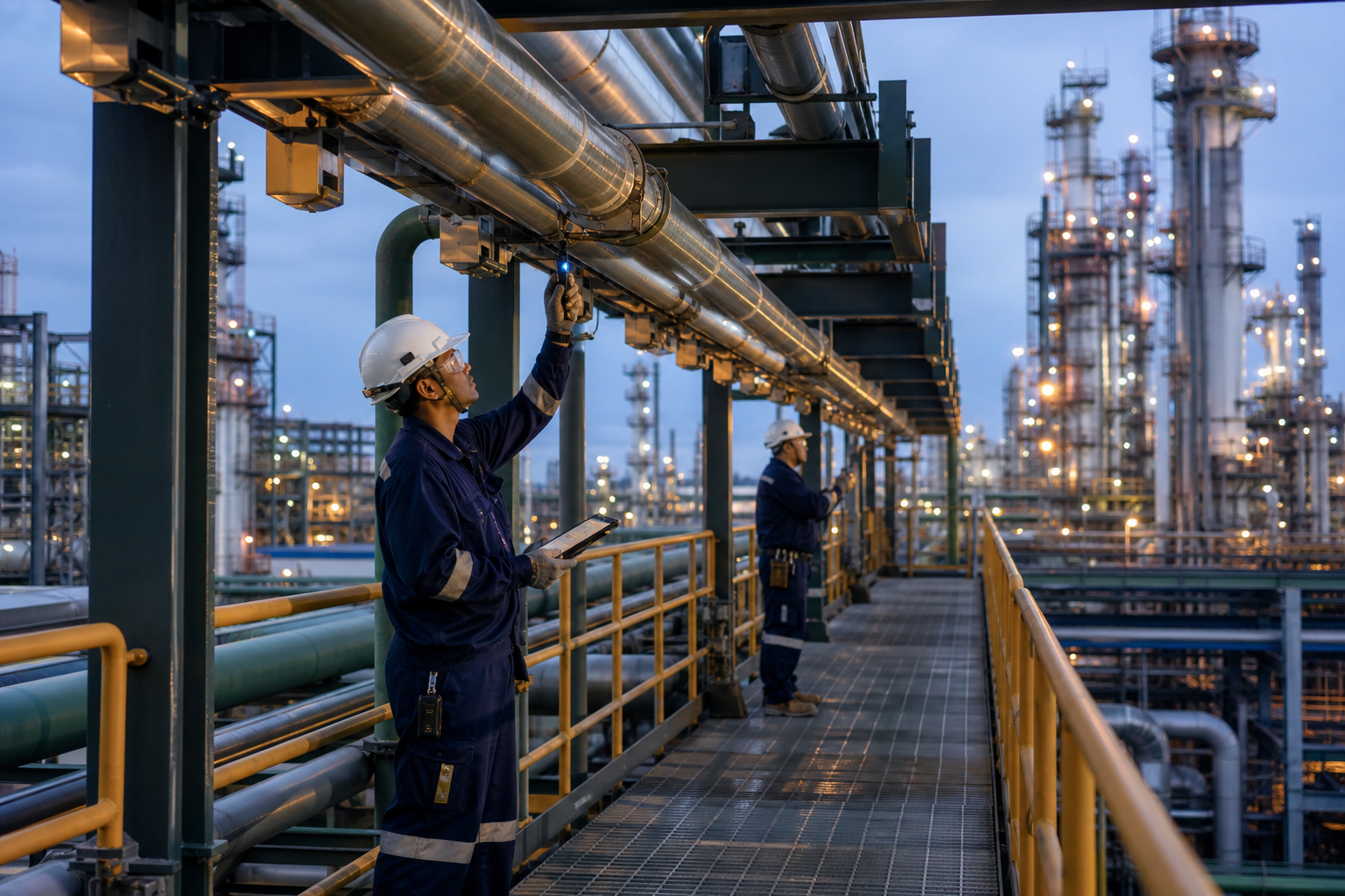 Maintenance crew inspecting upgraded plant pipeline network and platform infrastructure with tools and control equipment
