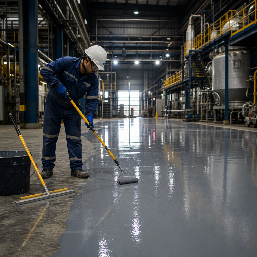 Epoxy flooring finishing pass on industrial bay floor with reflective coat