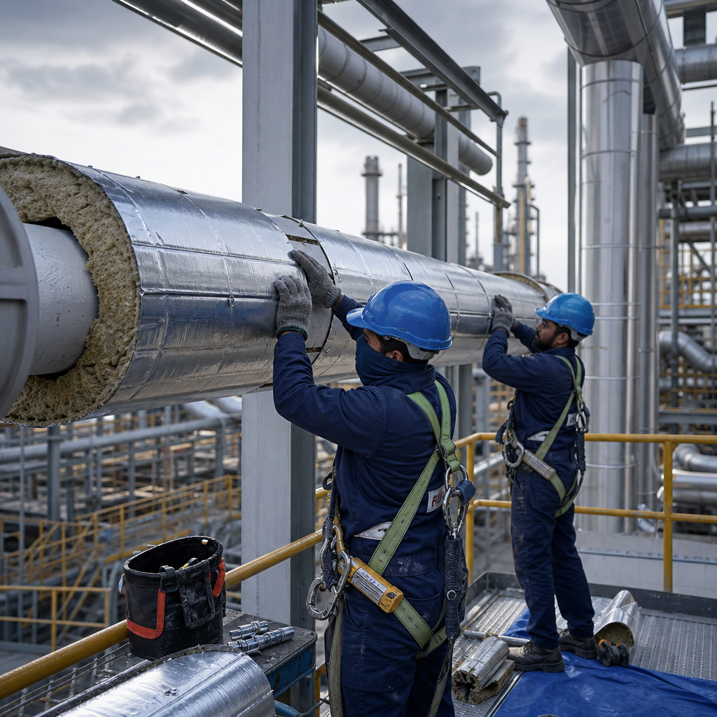 Technicians installing thermal insulation jackets on elevated piping