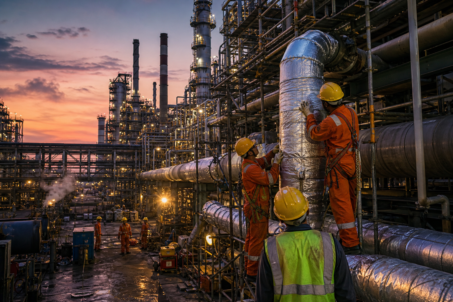 Large refinery turnaround workface with insulation teams and scaffolded process lines