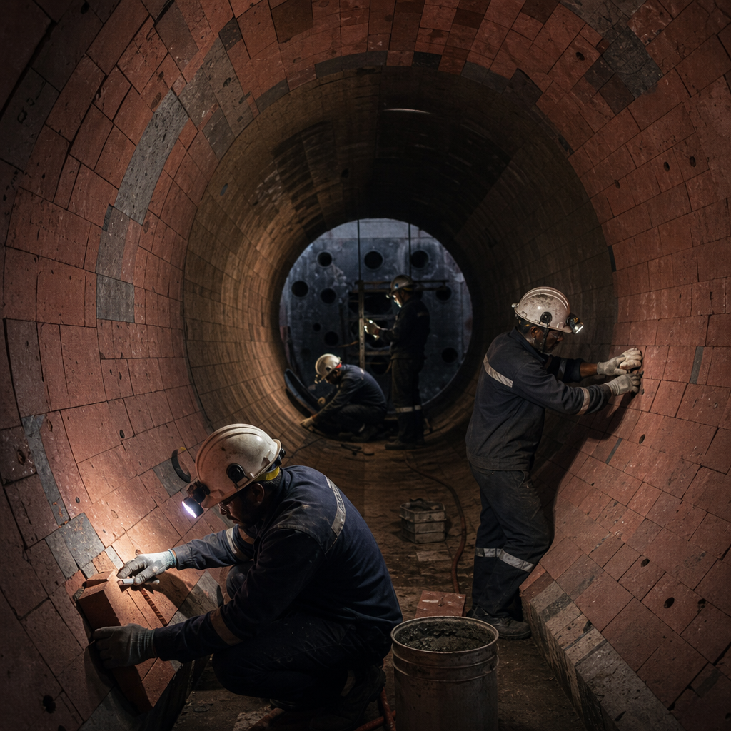 Refractory lining crew inside industrial vessel with brickwork and safety lighting