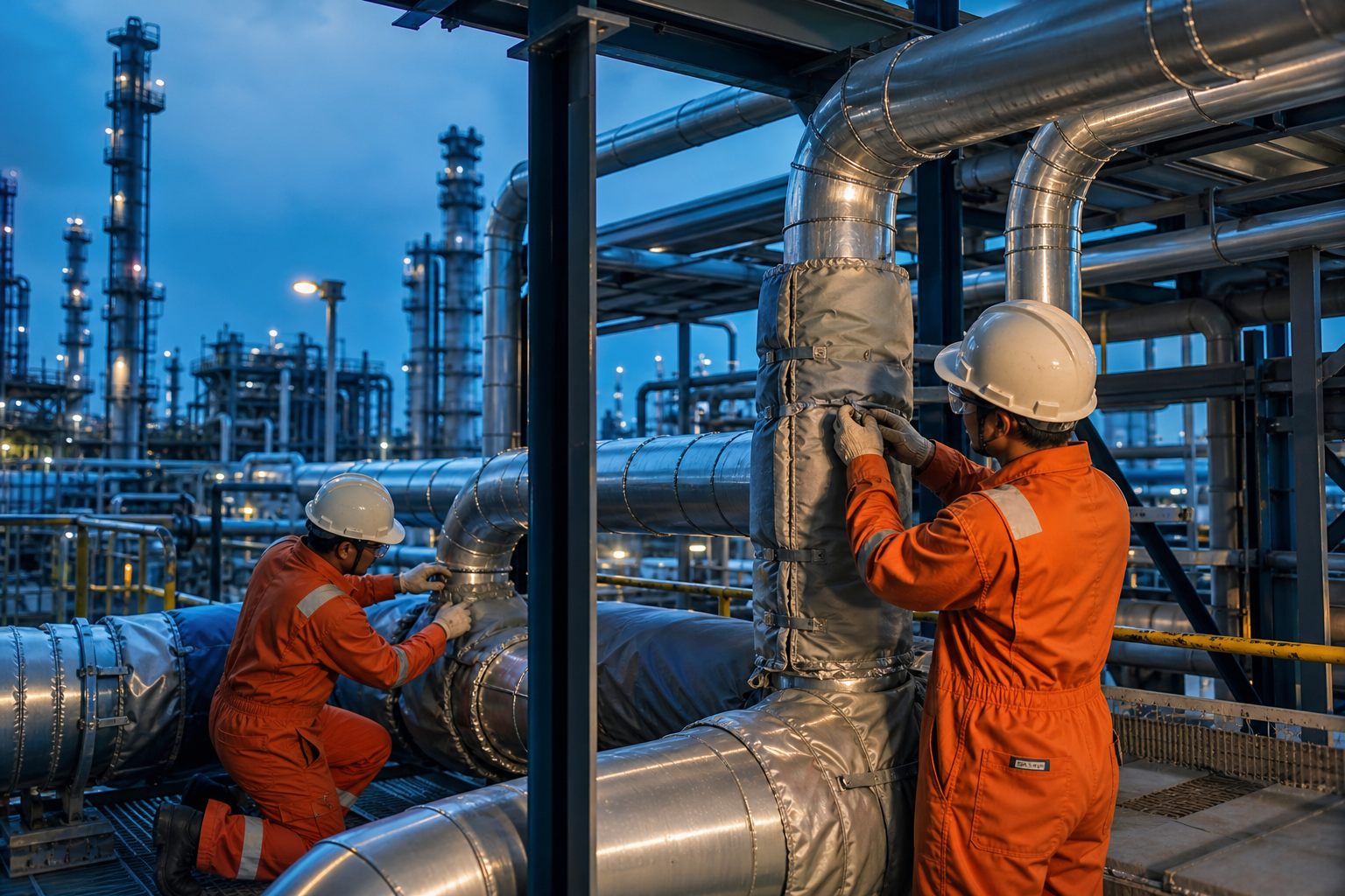 Industrial refinery pipe racks with silver metal cladding and technicians installing thermal insulation panels