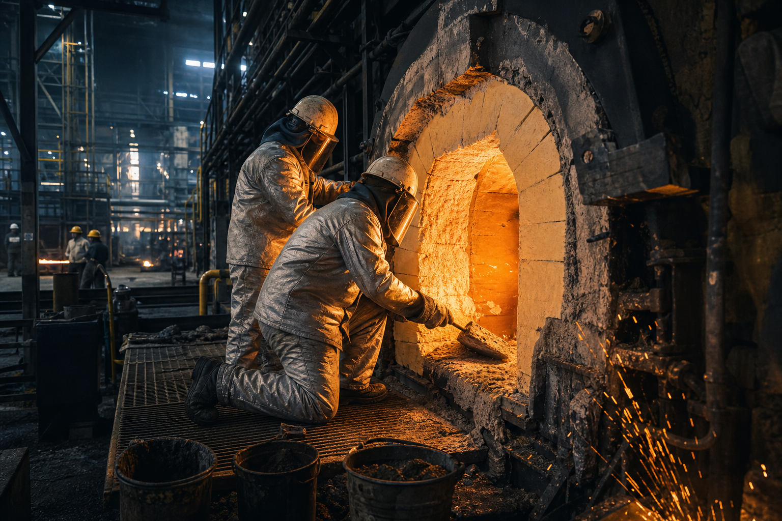 Industrial furnace opening with workers applying refractory lining while sparks and warm glow illuminate the workspace