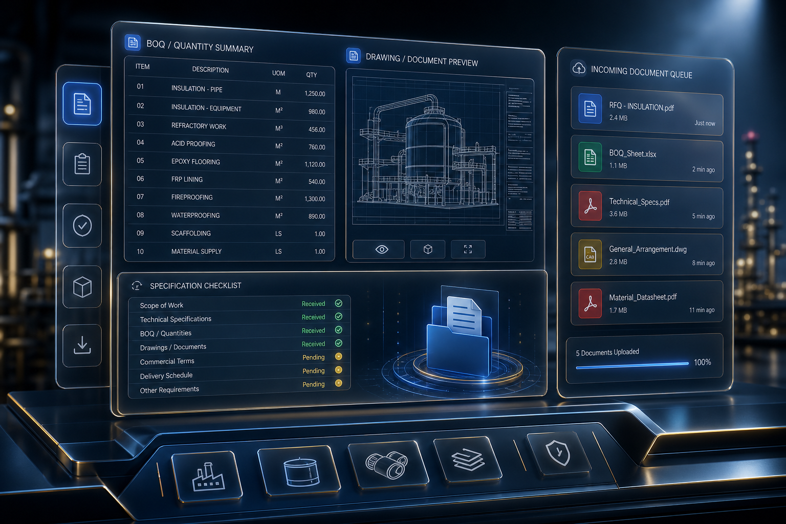 Premium industrial RFQ intake dashboard showing BOQ sheets, technical drawings, project specifications, and document review workflow on a glassmorphism interface