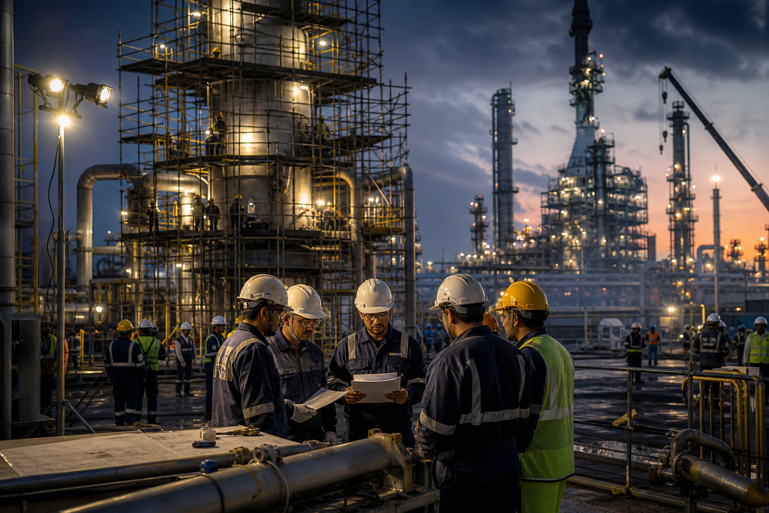 Turnaround shutdown support team in PPE coordinating scaffolded work fronts near industrial towers at dusk